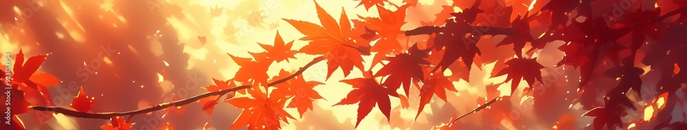 Fototapeta premium Enchanting Anime-Style Autumn Wonderland: Vibrant Red Maple Leaves Illuminated by Golden Sunlight. Dreamy 4K Illustration Capturing Fall's Magic with Dappled Light and Shadow. Perfect for Creative Mar