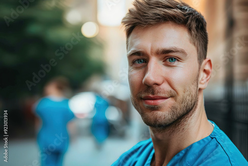 European Caucasian male nurse with blue scrubs standing outdoors