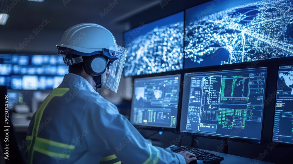 Engineers monitoring in control room with computer screens displaying system data Engineers monitoring in control room with computer screens displaying system data