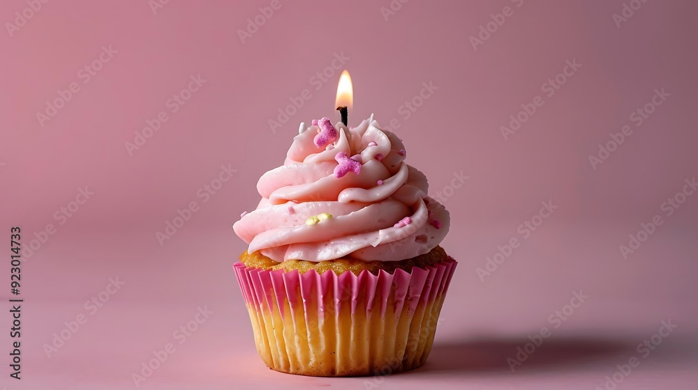 Single Pink Cupcake with Candle and Sprinkles - Realistic Image Single Pink Cupcake with Candle and Sprinkles - Realistic Image