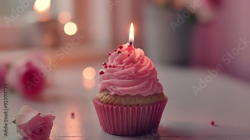 Pink Cupcake With Candle And Sprinkles Photo