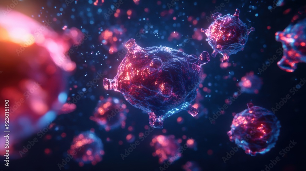 An abstract visualization of cancer metastasis features innovative treatments and a blend of technology with cellular imagery, all set within a futuristic backdrop. An abstract visualization of cancer metastasis features innovative treatments and a blend of technology with cellular imagery, all set within a futuristic backdrop.