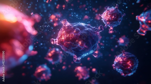 An abstract visualization of cancer metastasis features innovative treatments and a blend of technology with cellular imagery, all set within a futuristic backdrop.