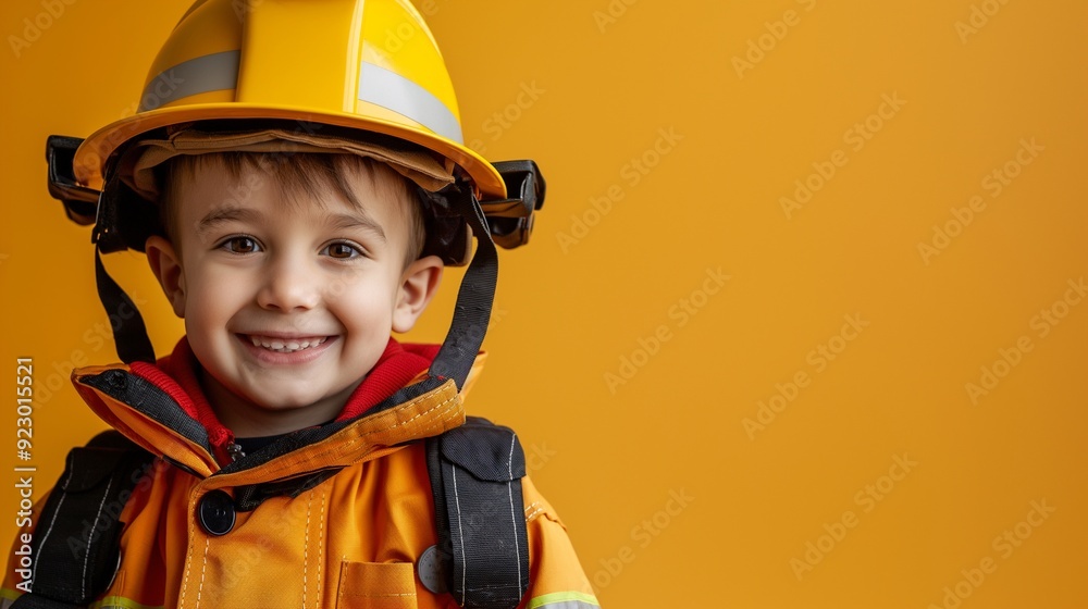 Photo of a happy smile little kid in a firefighter uniform Photo of a happy smile little kid in a firefighter uniform