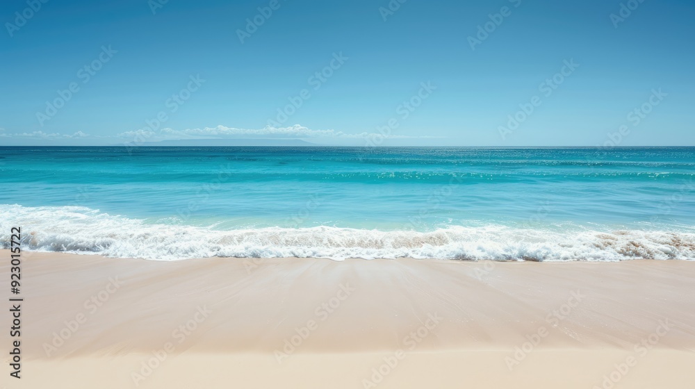 Gentle waves lap against an endless white sandy beach as the serene sea stretches towards the horizon, offering a perfect escape into nature's beauty Gentle waves lap against an endless white sandy beach as the serene sea stretches towards the horizon, offering a perfect escape into nature's beauty