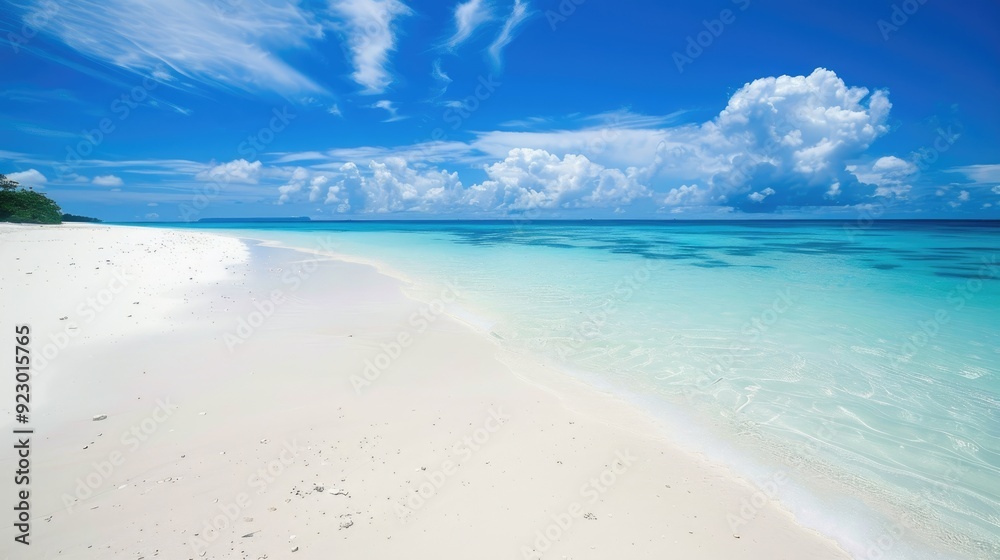 An endless stretch of white sand beach merges with the bright blue waters, offering a serene escape into nature's beauty An endless stretch of white sand beach merges with the bright blue waters, offering a serene escape into nature's beauty
