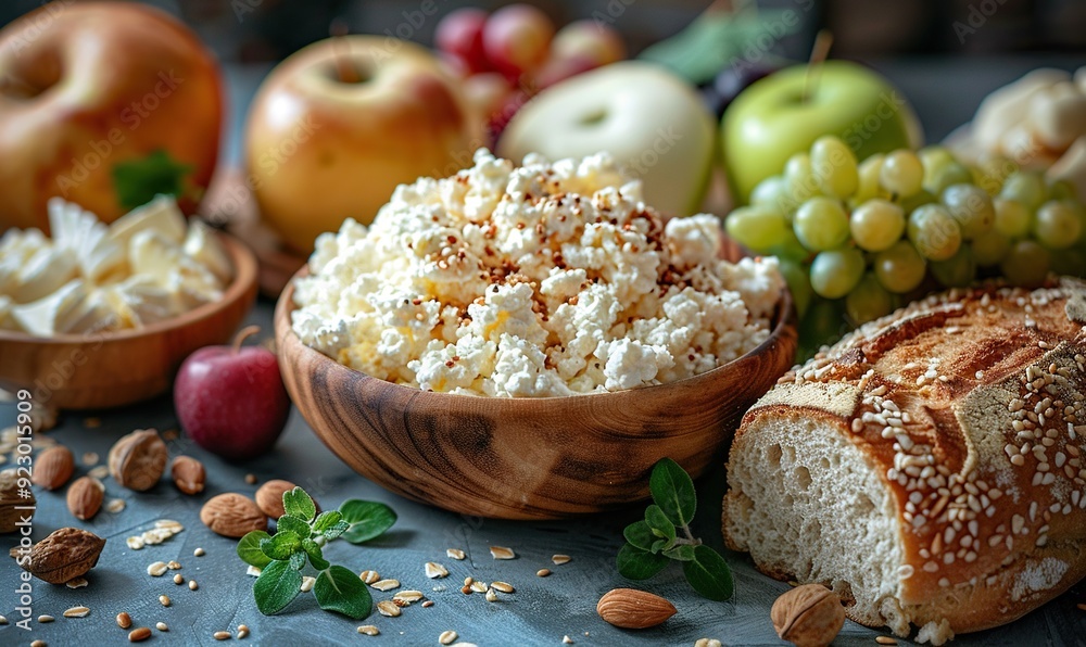 happy jewish holiday shavuot greeting card template flat lay cottage cheese grape bread apple wheat cheese on blue background. happy jewish holiday shavuot greeting card template flat lay cottage cheese grape bread apple wheat cheese on blue background.