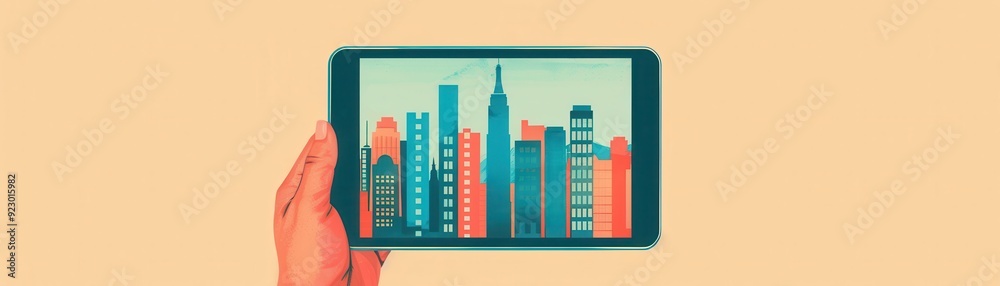 Illustration showing a hand holding a tablet with a city skyline on the screen, set against a plain beige background, representing urban technology and connectivity. Illustration showing a hand holding a tablet with a city skyline on the screen, set against a plain beige background, representing urban technology and connectivity.