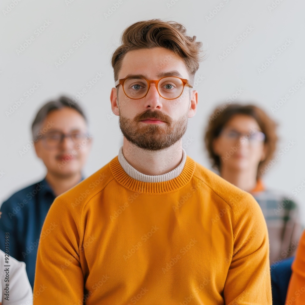 Portrait of a young man with glasses wearing an orange sweater, with diverse people blurred in the background, representing teamwork or a seminar. Portrait of a young man with glasses wearing an orange sweater, with diverse people blurred in the background, representing teamwork or a seminar.