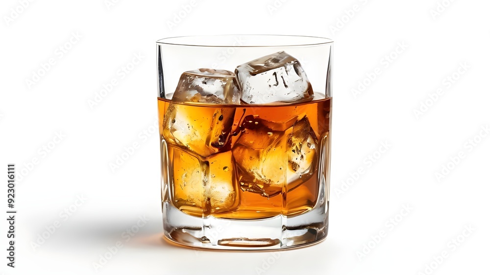 Glass of scotch whiskey and ice on a white background Glass of scotch whiskey and ice on a white background