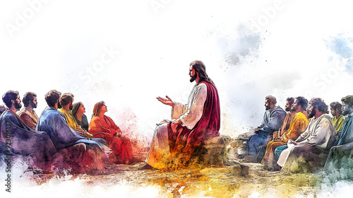 Jesus preaching the Sermon on the Mount depicted in a digital watercolor painting on a white background.