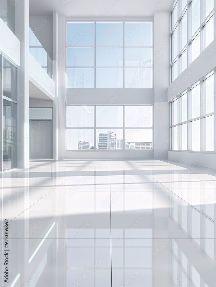A modern 3D room with large windows allowing natural light to flood the space, complemented by ample copy space for text or graphics