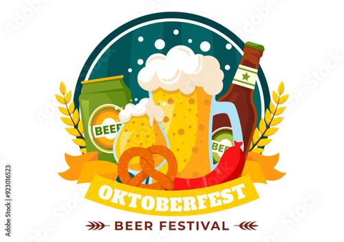 Happy Oktoberfest Party Festival Vector Illustration with Beer, Sausage, Gingerbread, Barrels, German Flag, and Wheat in the Flat Style Background