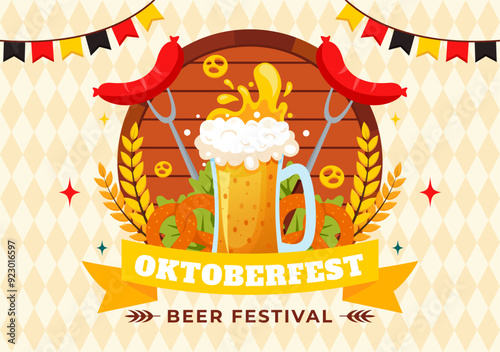 Happy Oktoberfest Party Festival Vector Illustration with Beer, Sausage, Gingerbread, Barrels, German Flag, and Wheat in the Flat Style Background