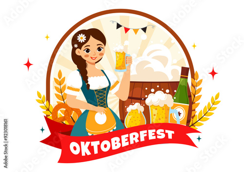 Happy Oktoberfest Party Festival Vector Illustration with Beer, Sausage, Gingerbread, Barrels, German Flag, and Wheat in the Flat Style Background