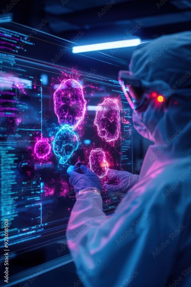 A high-tech lab scene showcases innovative methods to combat cancer metastasis, featuring digital holograms that highlight affected areas. A high-tech lab scene showcases innovative methods to combat cancer metastasis, featuring digital holograms that highlight affected areas.