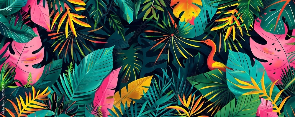 Tropical Jungle Illustration with Colorful Leaves and a Bird Tropical Jungle Illustration with Colorful Leaves and a Bird