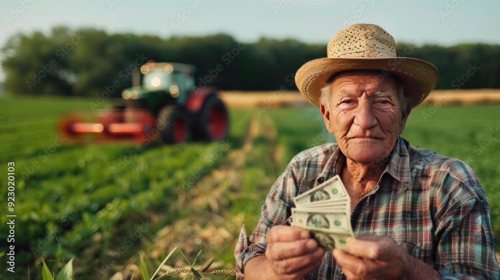 Fototapeta premium An elderly farmer wearing a straw hat holds a fan of cash with a field and tractor in the background, possibly representing profit from harvest.