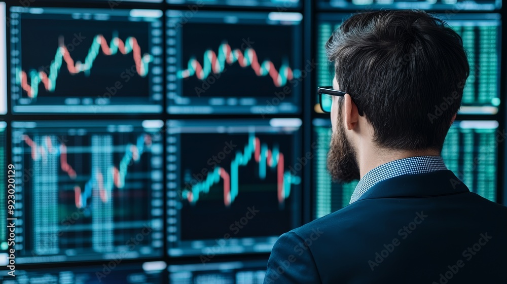 A focused businessman analyzing financial data on multiple screens with graphs and charts depicting market trends. A focused businessman analyzing financial data on multiple screens with graphs and charts depicting market trends.