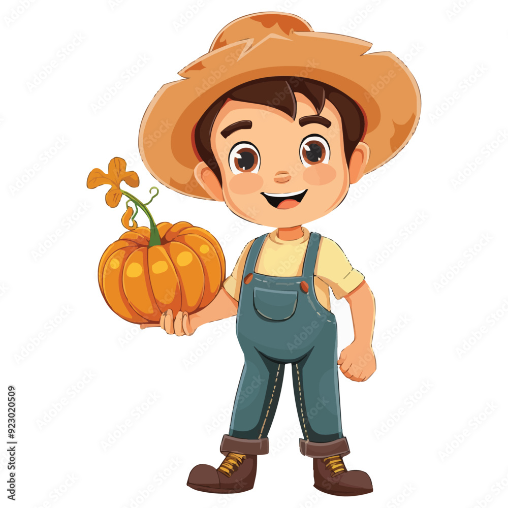 A cute Cartoon farmer boy holding pumpkin A cute Cartoon farmer boy holding pumpkin