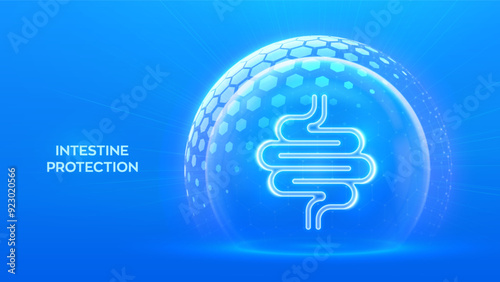 Intestine care and protection. Healthy Intestine medical concept. Human Intestine bowel anatomy organ icon inside protection dome sphere shield with hexagon pattern on blue background. Vector.