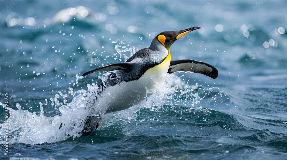 Fototapeta premium A Big King penguin going to blue water,experience the thrill of watching a penguin running penguin jumps out of the blue water while swimming through the ocean ,