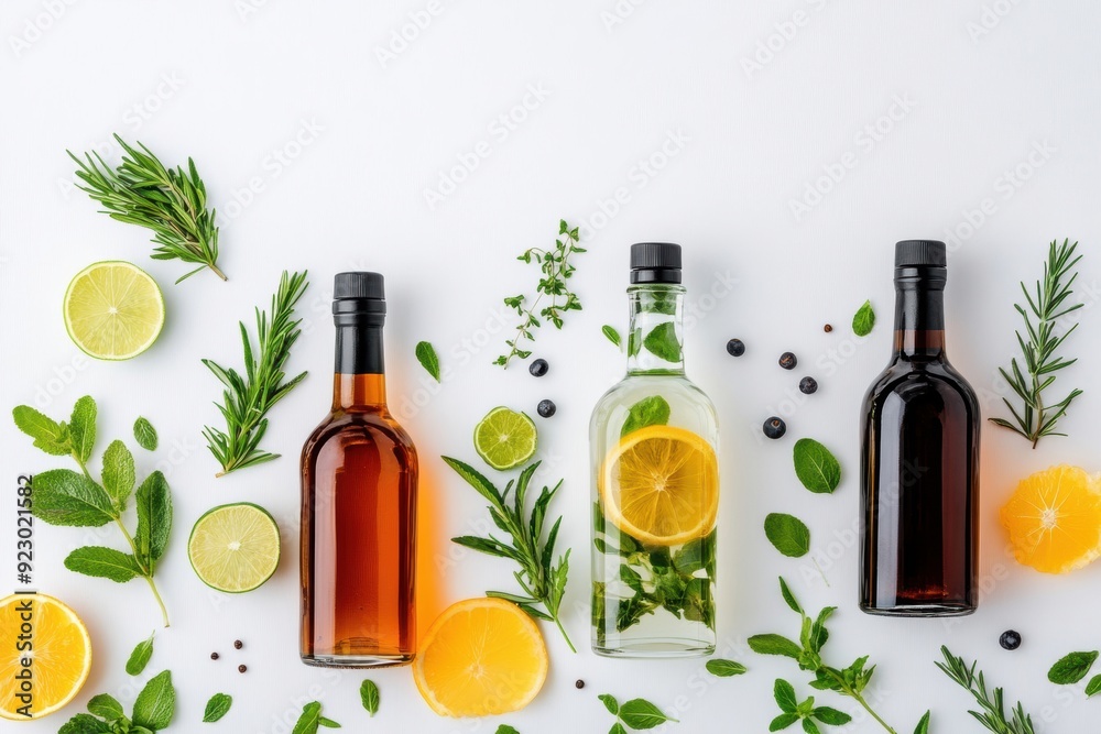 cocktail and liqueur bottles with fusion ingredients, creatively displayed to showcase a blend of unique flavors and exotic elements.