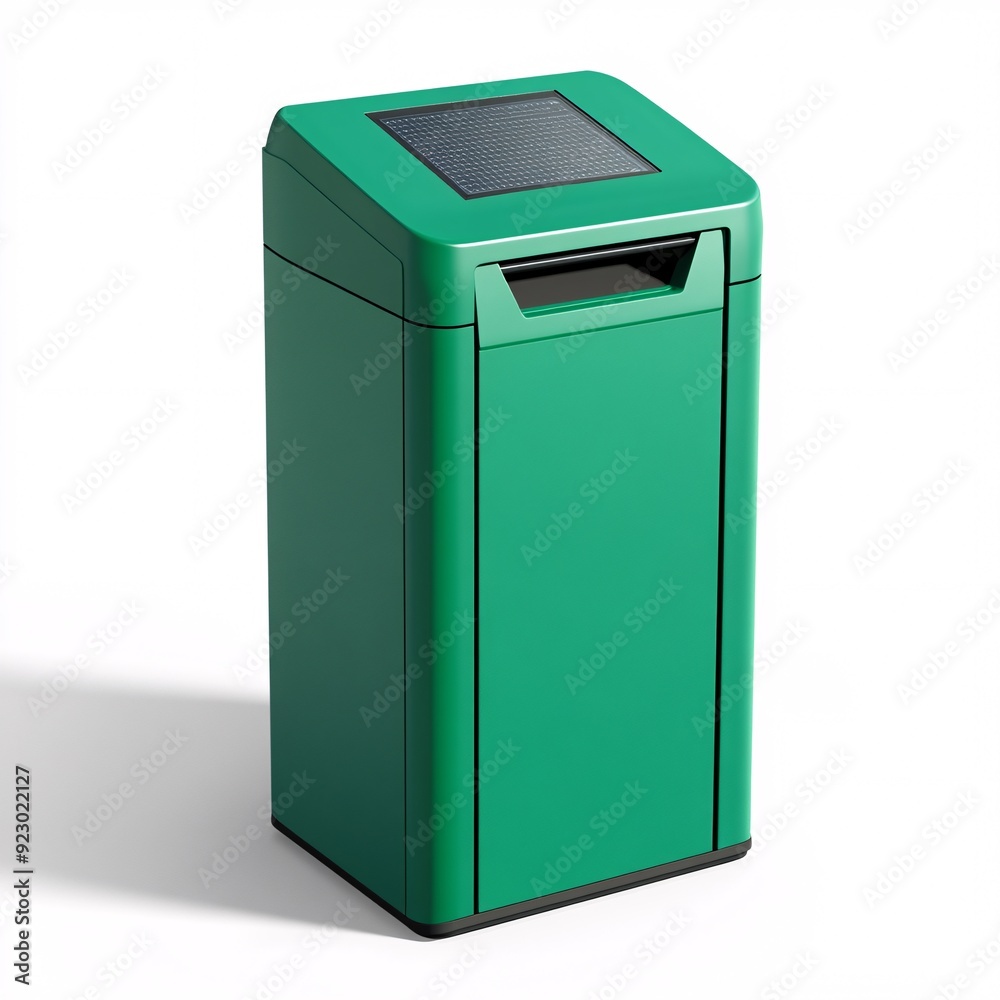 240805 210. Recycling receptacle, vibrant emerald hue, white background, 3D Rendering, isometric, weather-resistant outdoor model, solar-powered compactor, fill level sensor 240805 210. Recycling receptacle, vibrant emerald hue, white background, 3D Rendering, isometric, weather-resistant outdoor model, solar-powered compactor, fill level sensor