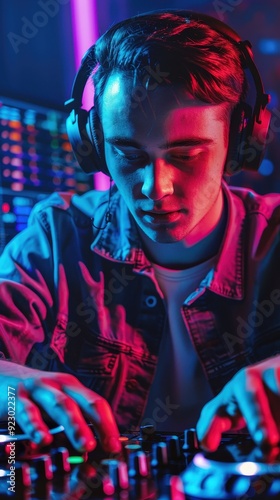 A young man in headphones focuses on mixing tracks with his hands in a lively atmosphere