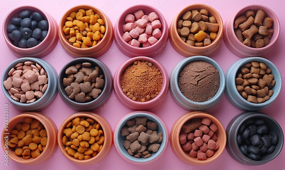 flat lay composition with pet accessories toys dry food bowl on pastel pink table pet care,training concept. flat lay composition with pet accessories toys dry food bowl on pastel pink table pet care,training concept.