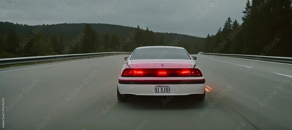 Evening drive: A lone car travels down an empty highway surrounded by dense woods