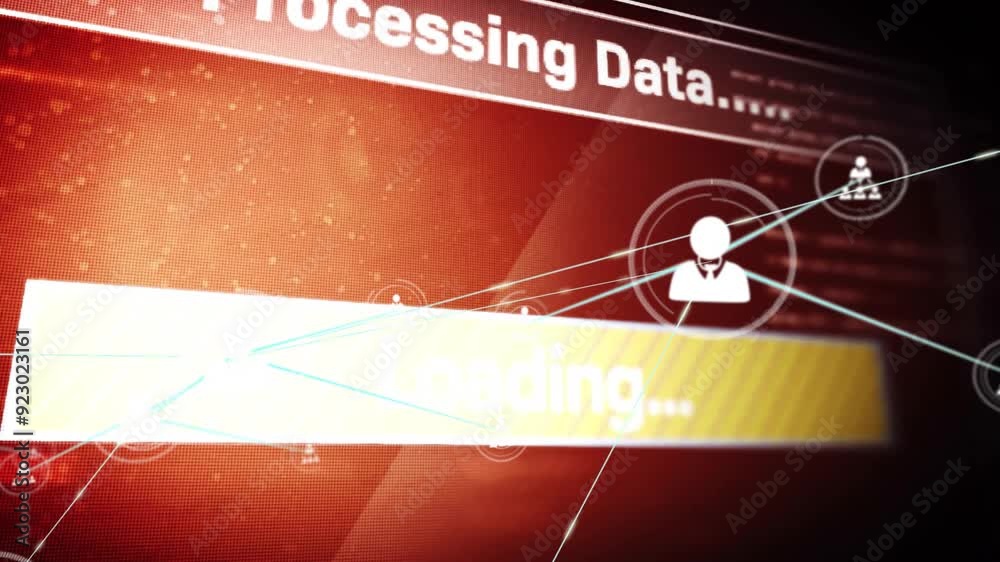 Processing data and loading animation over red digital interface ...