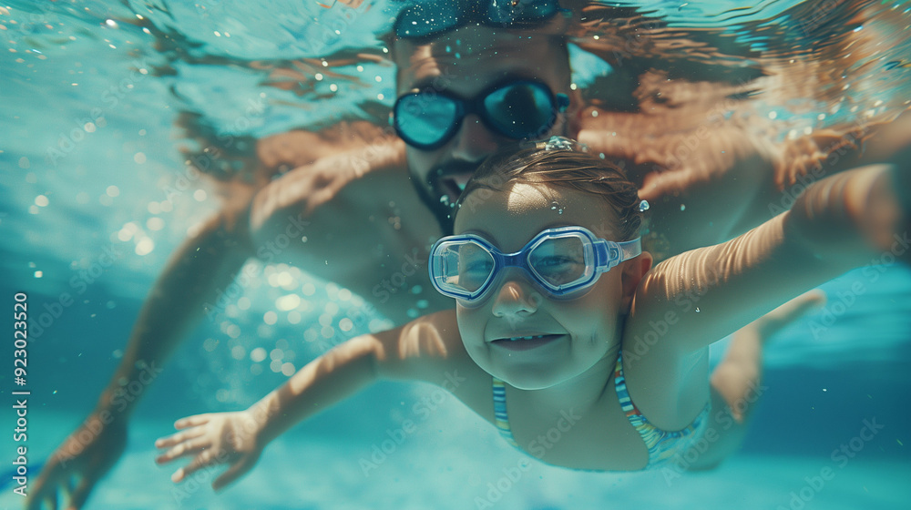 Naklejka premium A father and daughter smile as they swim in a pool