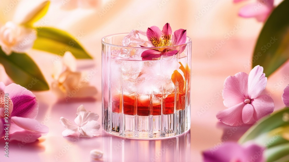 A crystal-clear cocktail featuring fusion liqueur is surrounded by delicate, floating floral elements. A crystal-clear cocktail featuring fusion liqueur is surrounded by delicate, floating floral elements.