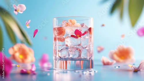 A crystal-clear cocktail featuring fusion liqueur is surrounded by delicate, floating floral elements. 