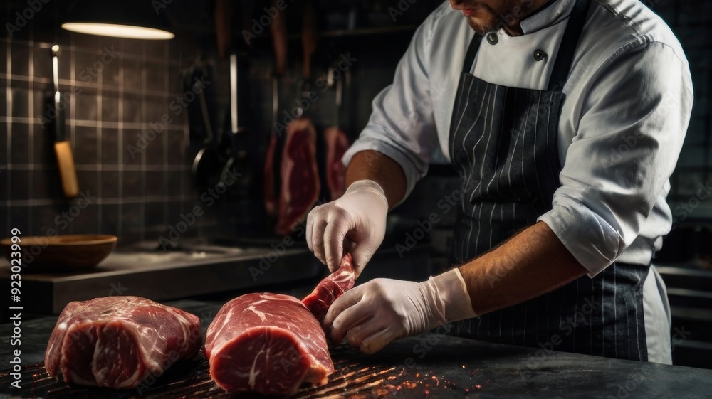 Front view male butcher cutting meat on a dark surface Front view male butcher cutting meat on a dark surface