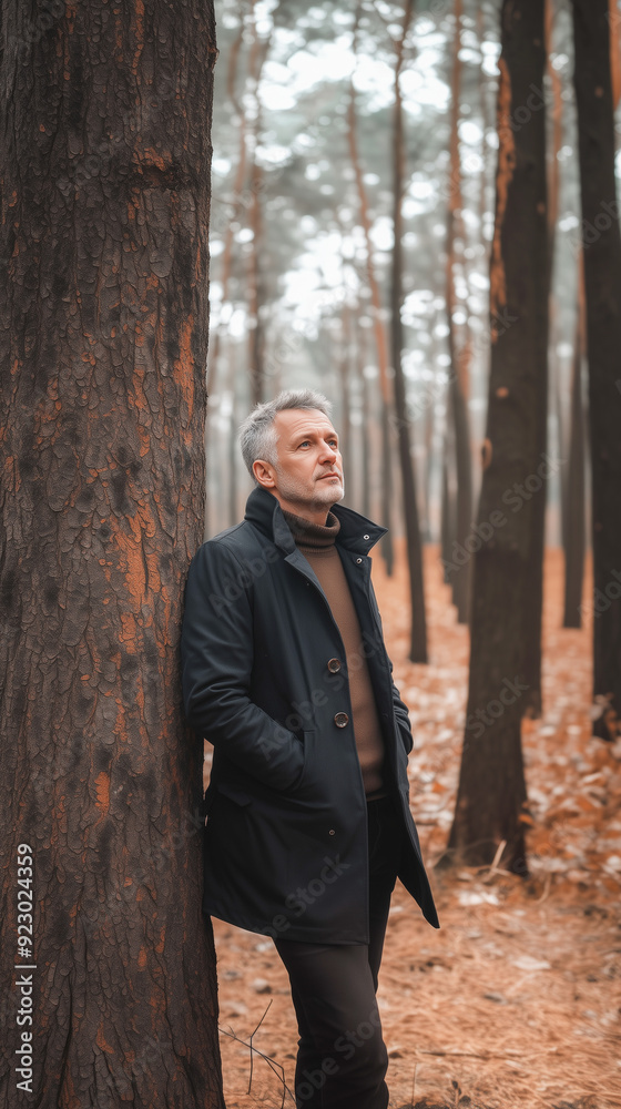 A man with short grey hair in a black cloak stands in the forest, leaning against a tree.