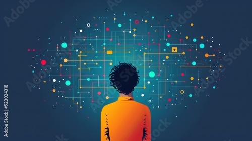 Meaning, person finding meaning in a complex diagram, flat design illustration
