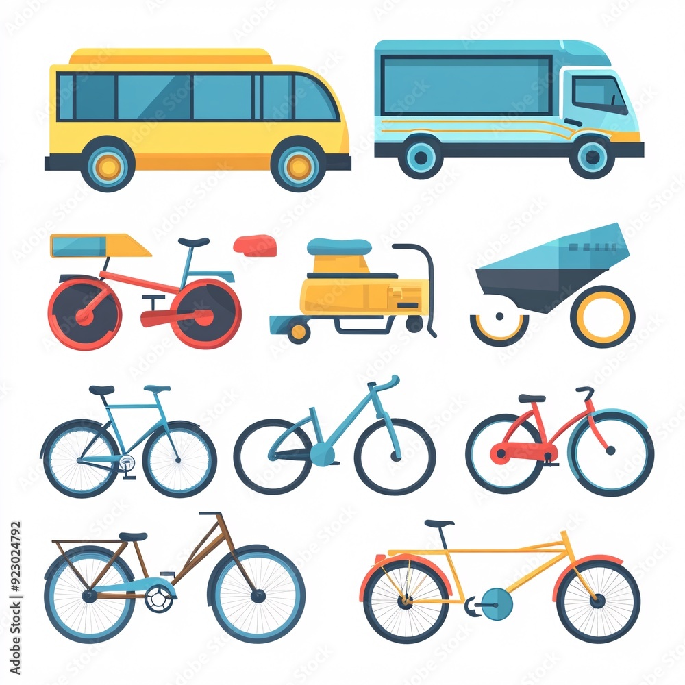 240805 137. A simple vector icon illustration depicting the group of transportation modes with cycling accessories at center for a website isolated white background 240805 137. A simple vector icon illustration depicting the group of transportation modes with cycling accessories at center for a website isolated white background