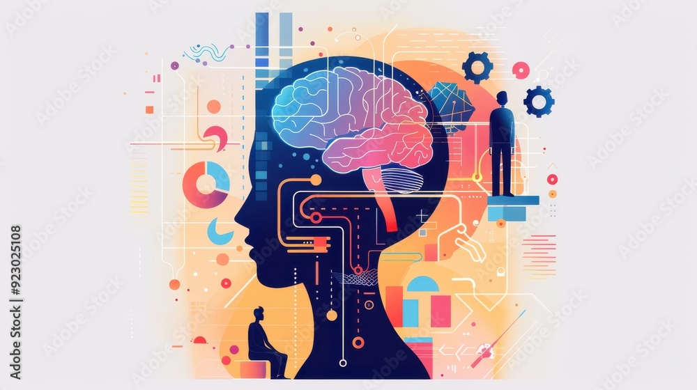 Obraz premium Multidisciplinary innovation, AI-powered studies, flat design illustration