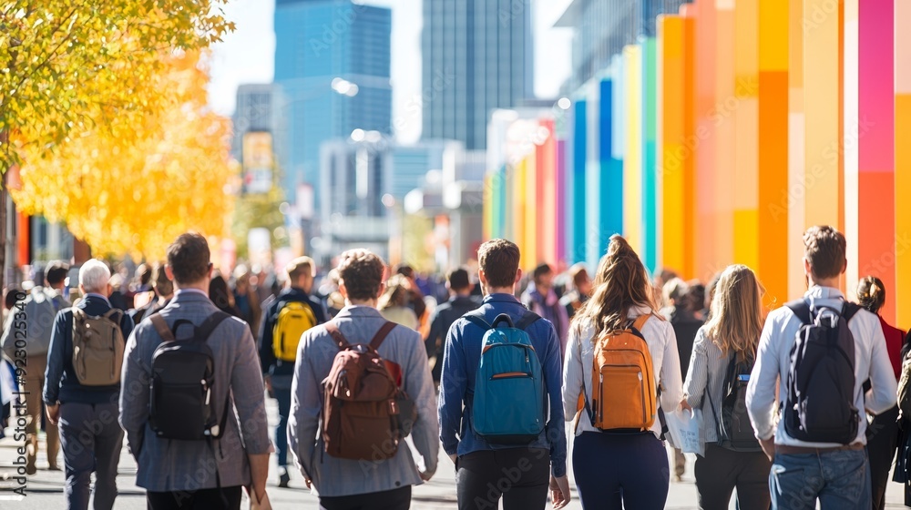 A lively urban scene with diverse people walking past vibrant, colorful murals in a bustling city atmosphere. A lively urban scene with diverse people walking past vibrant, colorful murals in a bustling city atmosphere.
