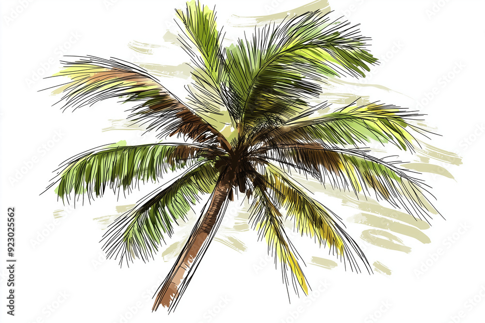 Naklejka premium Tropical Essence: Palm Tree Sketch Highlighting Natural Green and Brown Tones