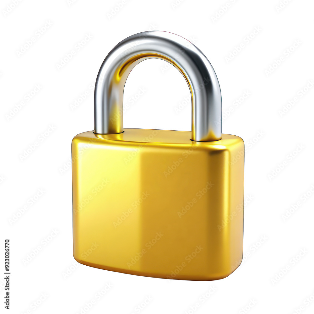3d realistic yellow locked padlock isolated on transparent background