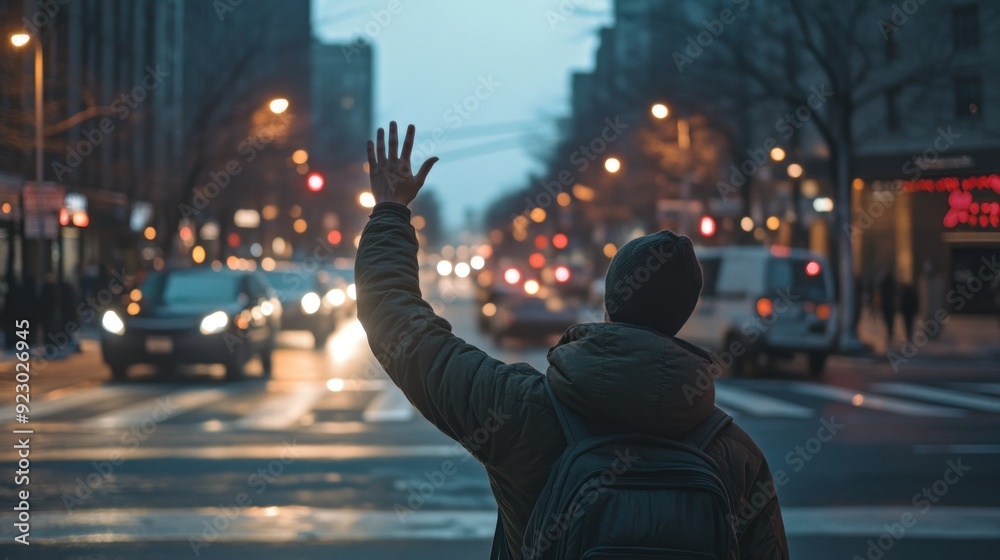 Obraz premium Man Hails a Taxi in a City