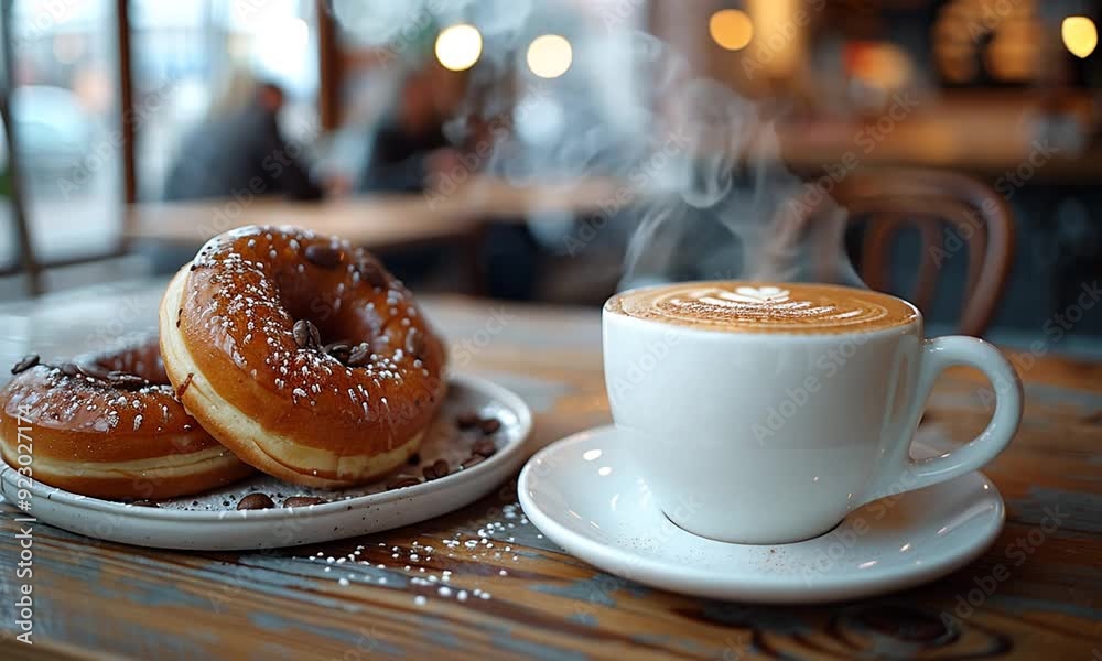 A steaming cup of coffee with a beautiful latte art, accompanied by delicious donuts. A steaming cup of coffee with a beautiful latte art, accompanied by delicious donuts.