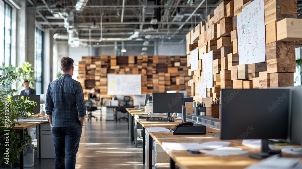 A modern office space with wooden accents and spacious design, ideal for enhancing productivity and creativity. A modern office space with wooden accents and spacious design, ideal for enhancing productivity and creativity.