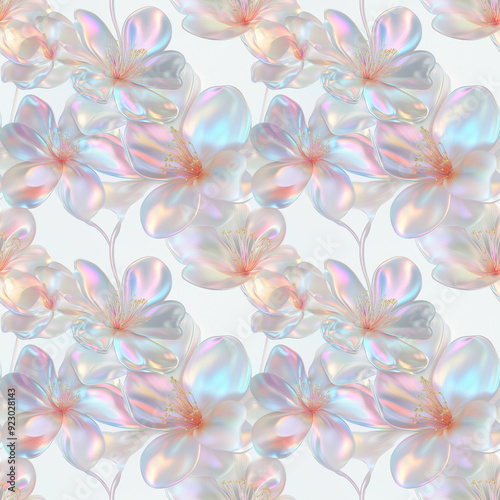 Iridescent floral seamless pattern with delicate pastel petals and glowing translucent flowers