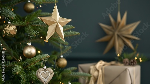 Christmas tree with golder patchwork ornament and new years bogus star and heart gift photo