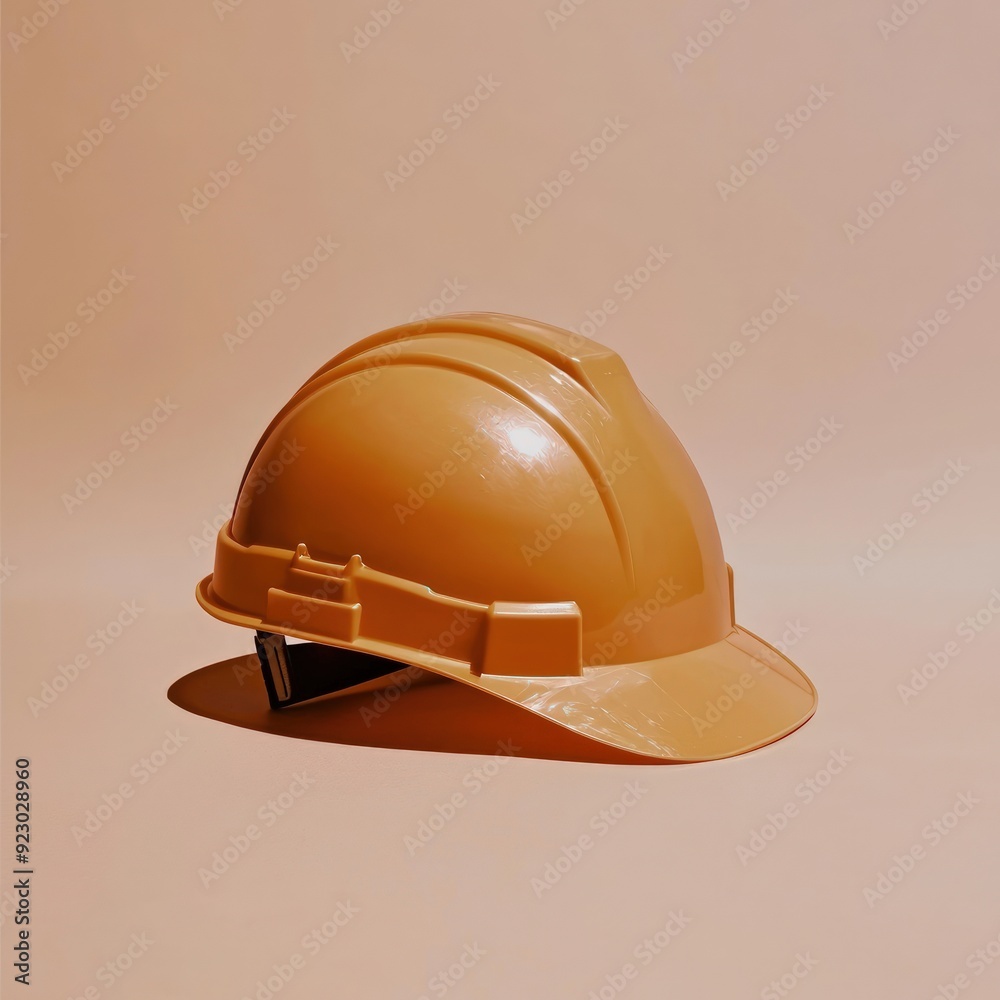 A yellow hard hat is sitting on a tan surface. The hat is a safety helmet and is designed to protect the wearer's head from injury. Concept of caution and safety A yellow hard hat is sitting on a tan surface. The hat is a safety helmet and is designed to protect the wearer's head from injury. Concept of caution and safety