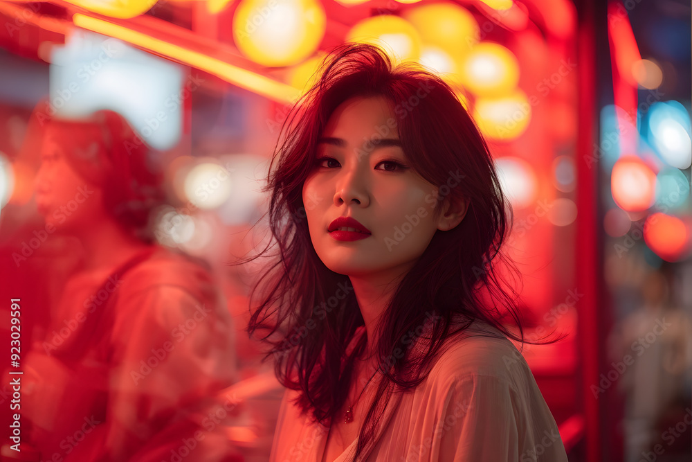 A woman with red lipstick stands in front of a neon sign A woman with red lipstick stands in front of a neon sign